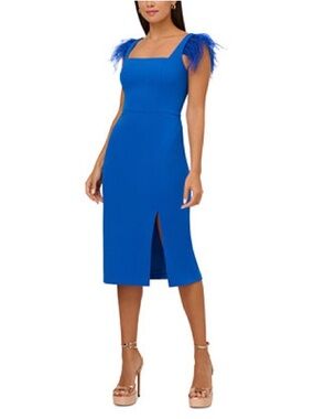 ADRIANNA PAPELL Blue Feather Shoulder Knit Crepe Midi Sheath Dress 18W NWT
